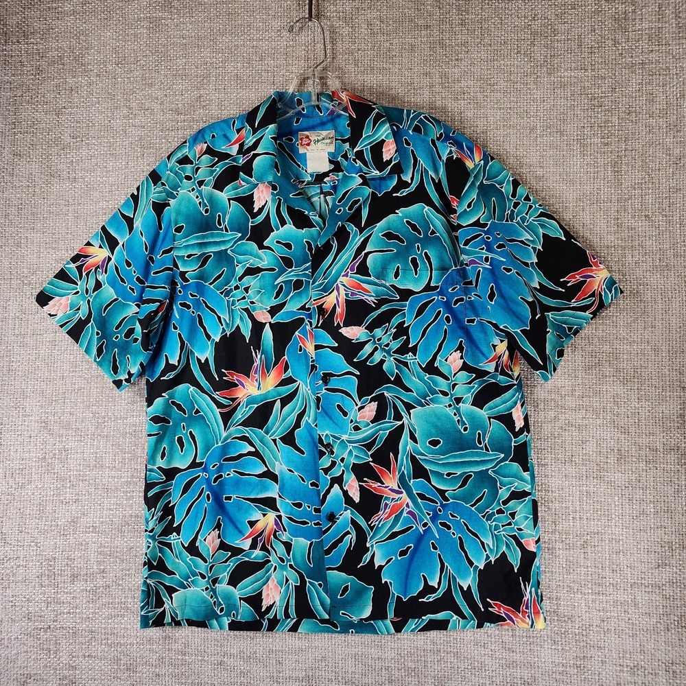 HILO HATTIE The Hawaiian Original Mens L Blue Birds‎ of Paradise Shirt VTG EUC